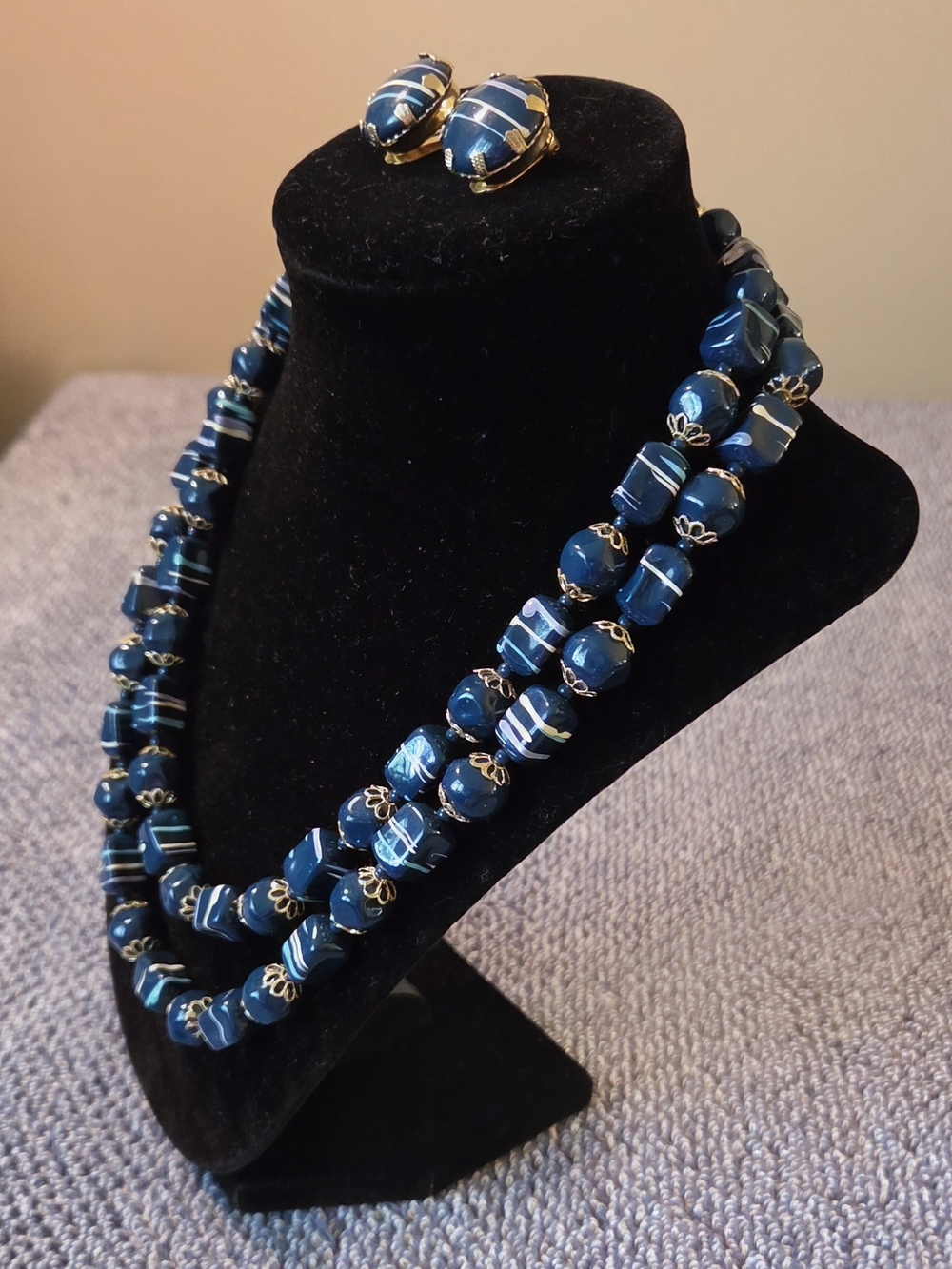 VTG 1950s Mid Century Teal Blue Striped Bead Double Strand Necklace Earring Set - Picture 2 of 7